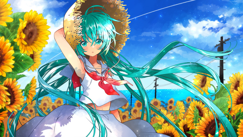 1girl aqua_eyes aqua_hair arm_up artist_name condensation_trail dress flower hat hatsune_miku kawanobe long_hair looking_at_viewer navel ocean power_lines school_uniform serafuku shadow shirt skirt sleeveless solo straw_hat summer sun_hat sunflower twitter_username very_long_hair vocaloid white_dress white_shirt white_skirt wind