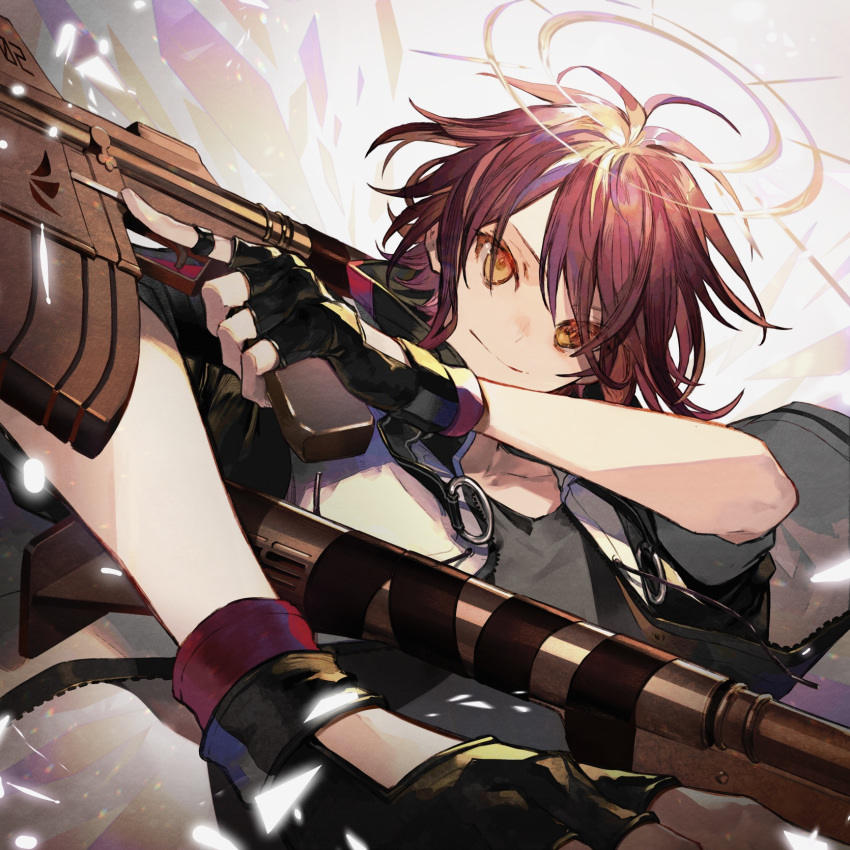 1girl arknights black_gloves black_shirt closed_mouth dual_wielding exusiai_(arknights) eyes_visible_through_hair fingerless_gloves gloves gun halo highres holding holding_gun holding_weapon hood hood_down hooded_jacket jacket looking_at_viewer nozaki_tsubata open_clothes open_jacket orange_eyes redhead shiny shiny_hair shirt short_hair symbol_commentary upper_body weapon white_jacket