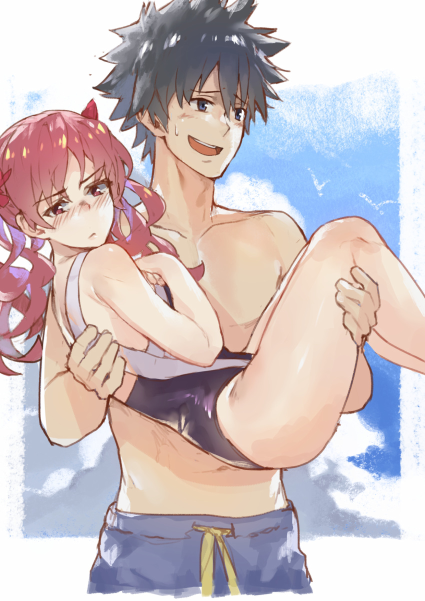 1boy 1girl anbiya_h bangs bare_chest bird black_hair black_swimsuit blue_eyes blush bow carrying clouds commentary cowboy_shot embarrassed furrowed_eyebrows hair_bow hands_on_own_chest highres kamijou_touma light_frown looking_away looking_to_the_side male_swimwear nose_blush one-piece_swimsuit outside_border princess_carry red_bow redhead shirai_kuroko sky sweatdrop swim_trunks swimsuit swimwear to_aru_kagaku_no_railgun to_aru_majutsu_no_index to_aru_majutsu_no_index:_new_testament twintails