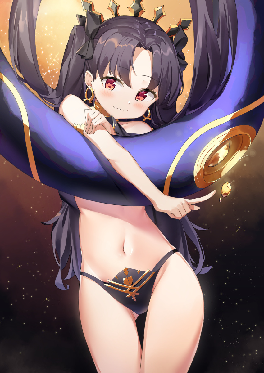 1girl absurdres bangs bare_shoulders black_hair blush commentary crown earrings fate/grand_order fate_(series) hair_ribbon highres hoop_earrings ishtar_(fate)_(all) ishtar_(fate/grand_order) jewelry long_hair looking_at_viewer navel parted_bangs red_eyes ribbon single_thighhigh smile sog-igeobughae solo thigh-highs two_side_up