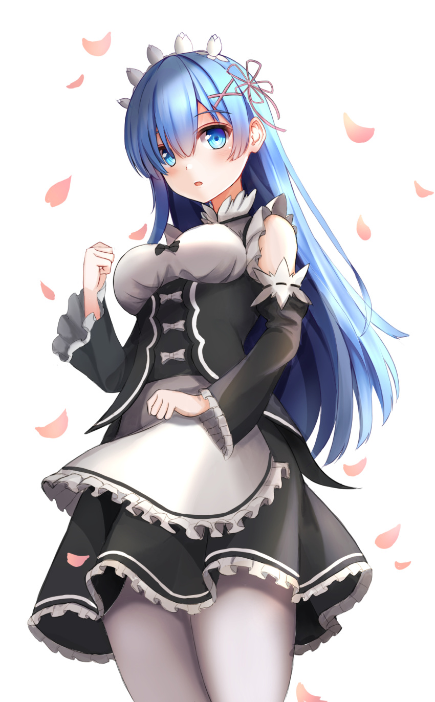 1girl :o alternate_hair_length alternate_hairstyle apron bangs bare_shoulders black_dress blue_eyes blue_hair blush bow breasts cowboy_shot detached_sleeves dress flower_knot frilled_dress frilled_sleeves frills frontera hair_ornament hair_ribbon hairband hairclip highres lolita_hairband long_hair long_sleeves maid medium_breasts pantyhose parted_lips pink_ribbon re:zero_kara_hajimeru_isekai_seikatsu rem_(re:zero) ribbon simple_background solo underbust waist_apron white_apron white_background white_bow white_legwear x_hair_ornament