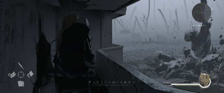 2girls absurdres asteroid_ill blonde_hair building carrying_over_shoulder cornea_(asteroid_ill) fake_screenshot from_behind heads-up_display health_bar highres iz_(asteroid_ill) jacket long_hair minimap multiple_girls original ruins standing translation_request user_interface white_hair