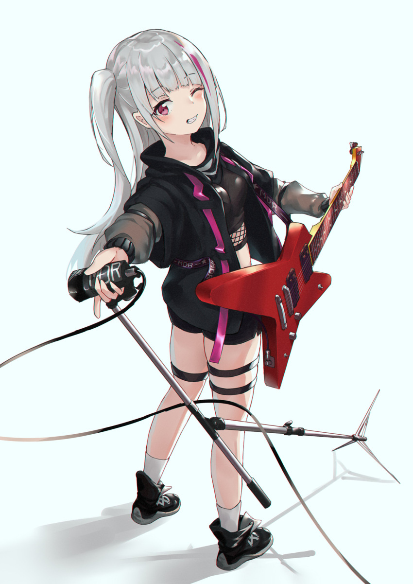 0shino 1girl ass black_footwear black_jacket black_shirt black_shorts breasts crop_top electric_guitar fishnets from_behind full_body grey_hair grin guitar highres holding holding_instrument instrument jacket long_hair long_sleeves looking_at_viewer looking_back microphone microphone_stand midriff multicolored_hair one_eye_closed one_side_up open_clothes open_jacket original red_eyes shadow shirt shoes short_over_long_sleeves short_shorts short_sleeves shorts simple_background skindentation small_breasts smile socks solo standing streaked_hair thigh_strap thighs white_background white_legwear