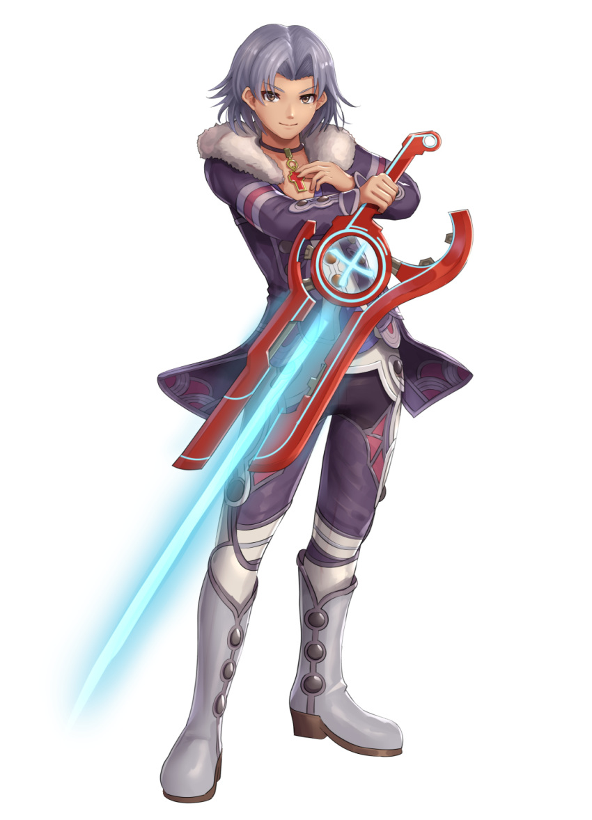 1boy alvis blue_hair boots brown_hair choker energy_sword fur_trim gonzarez highres holding holding_sword holding_weapon jewelry looking_at_viewer male_focus monado pants pendant reverse_grip silver_hair simple_background smile solo spoilers sword weapon white_background xenoblade_(series) xenoblade_1