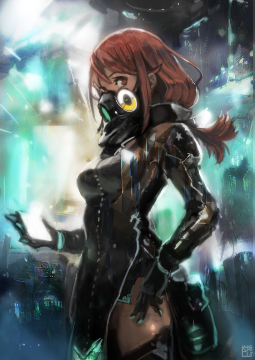 1girl absurdres bangs blurry blurry_background breasts gas_mask hand_on_hip high_collar highres long_hair medium_breasts medium_hair okuto original profile red_eyes redhead side_slit solo standing thigh-highs