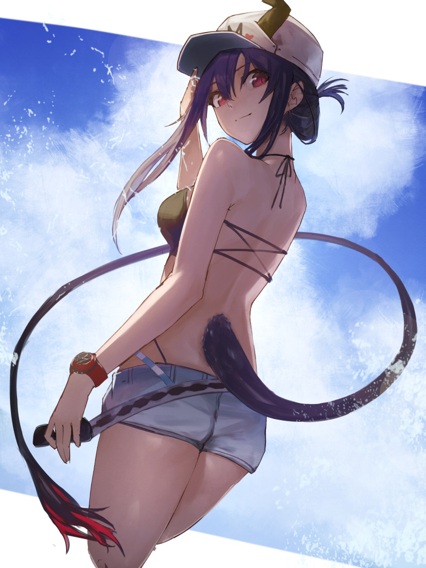 1girl aito arknights ass bangs bare_arms bare_shoulders baseball_cap bikini black_bikini blue_sky breasts ch'en_(arknights) commentary_request cowboy_shot day dragon_horns dragon_tail from_behind grey_shorts hair_between_eyes halterneck hat highres horns horns_through_headwear long_hair looking_at_viewer looking_back medium_breasts purple_hair red_eyes short_shorts shorts sidelocks sky solo standing swimsuit tail thighs watch watch