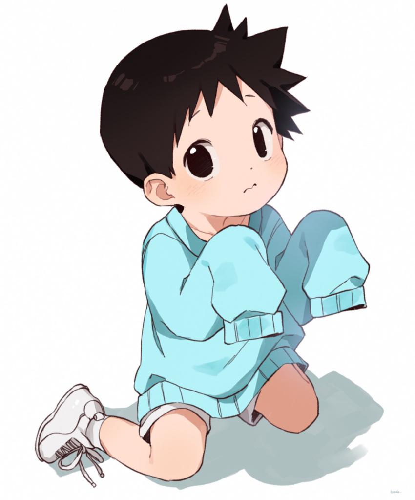 1boy 3: black_eyes blush brown_hair full_body fullmetal_alchemist highres long_hair male_focus selim_bradley shoes short_shorts shorts sleeves_past_wrists sneakers socks solo sweater thebrushking