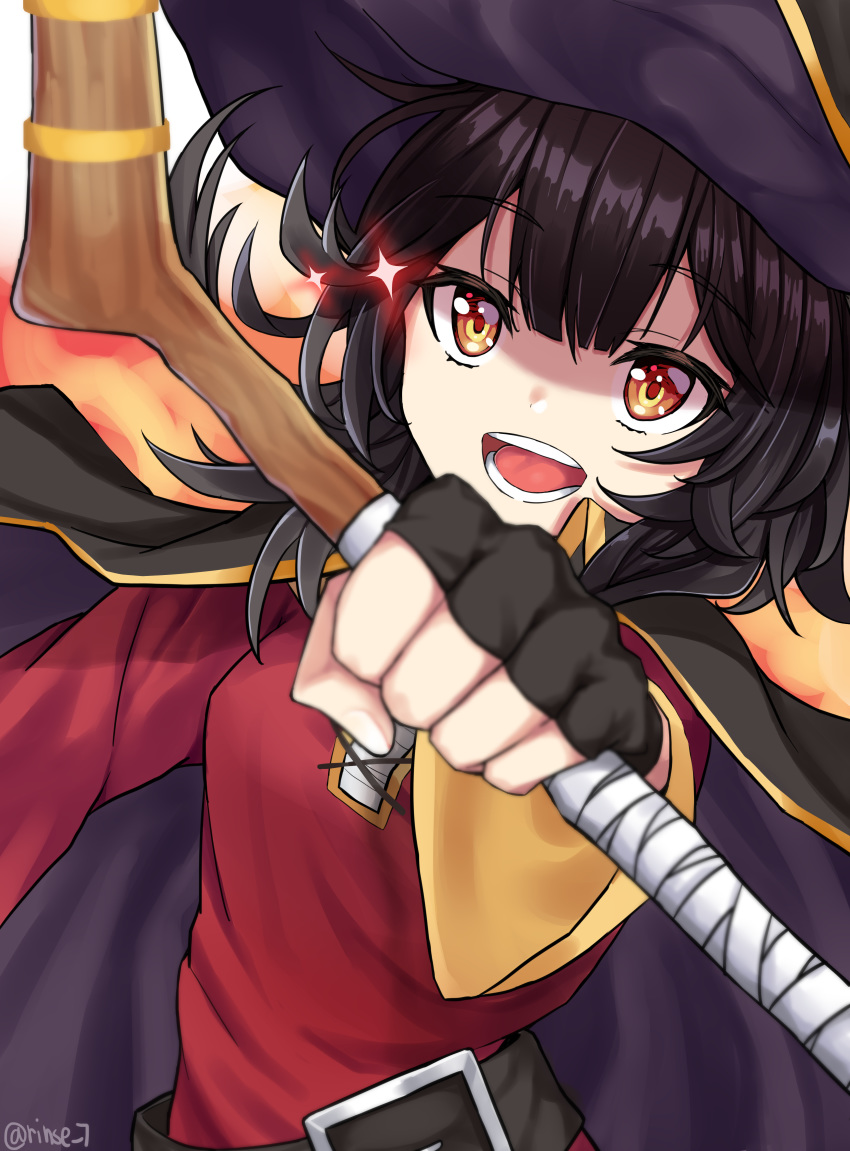 :d absurdres artist_name bangs belt belt_buckle black_belt black_cape black_gloves black_hair black_headwear breasts brown_eyes buckle cape dress fingerless_gloves gloves hair_between_eyes hat highres kono_subarashii_sekai_ni_shukufuku_wo! megumin open_mouth red_dress rinse_7 sarashi short_hair sidelocks small_breasts smile sparkle staff twitter_username upper_body witch_hat