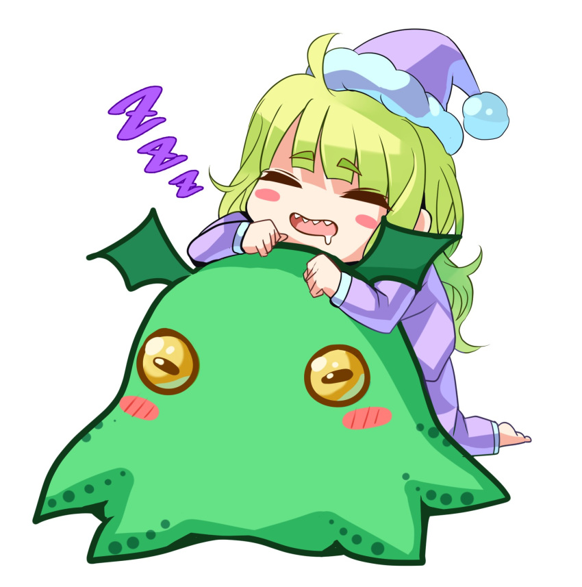 blush_stickers chibi commentary_request cthulhu cthulhu_mythos drooling eyebrows_visible_through_hair green_hair highres long_hair monster open_mouth original osanai_(shashaki) pajamas pom_pom_(clothes) saliva sharp_teeth shashaki sleeping sleeping_on_person smile teeth tentacles wings zzz
