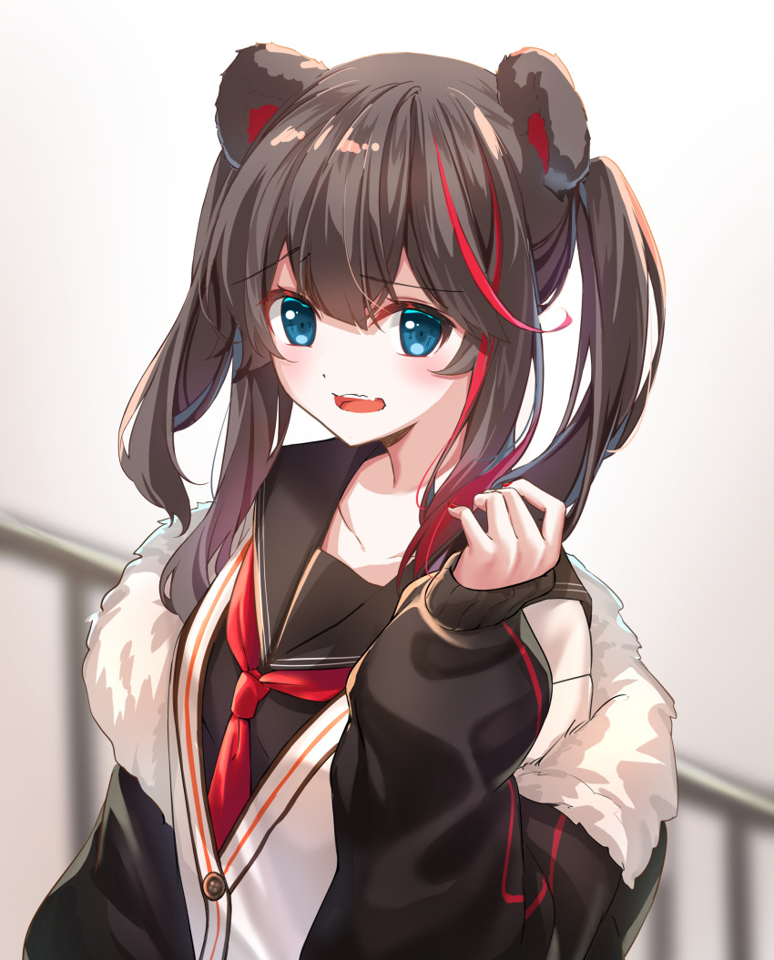 1girl absurdres alternate_hairstyle animal_ears arknights bear_ears black_hair black_jacket blue_eyes cardigan fur-trimmed_jacket fur_trim hand_up highres jacket long_hair long_sleeves looking_at_viewer multicolored_hair neckerchief off_shoulder open_mouth rukinya_(nyanko_mogumogu) sailor_collar school_uniform solo streaked_hair twintails upper_body white_cardigan zima_(arknights)