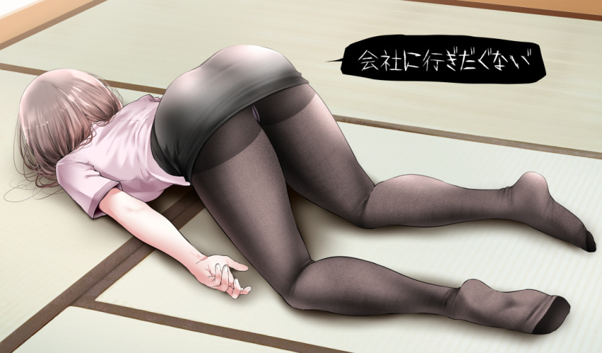1girl ass black_legwear breasts brown_hair commentary_request long_hair oouso original pantyhose pencil_skirt skirt solo tatami thighband_pantyhose translation_request