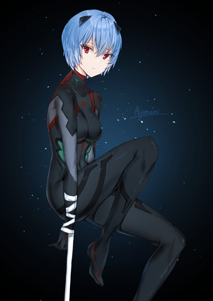 1girl alternate_costume artist_name ayanami_rei bangs black_background black_bodysuit blue_background blue_hair bodysuit breasts commentary_request eyebrows_visible_through_hair frown gradient gradient_background highres impossible_bodysuit impossible_clothes large_breasts looking_at_viewer neon_genesis_evangelion plugsuit red_eyes short_hair simple_background solo yukineko1018