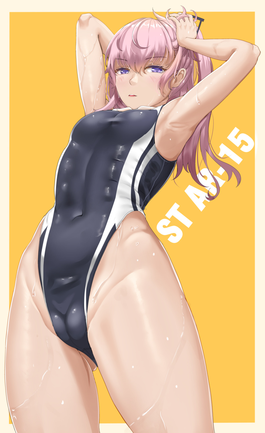 1girl abs absurdres armpits blue_swimsuit blush breasts chiyo_goya competition_swimsuit eye_contact eyebrows_visible_through_hair eyewear_on_head girls_frontline glasses hands_on_head highleg highleg_swimsuit highres long_hair looking_at_another looking_at_viewer narrow_waist navel one-piece_swimsuit pink_hair small_breasts solo st_ar-15_(girls_frontline) stomach swimsuit thighs violet_eyes white_text yellow_background