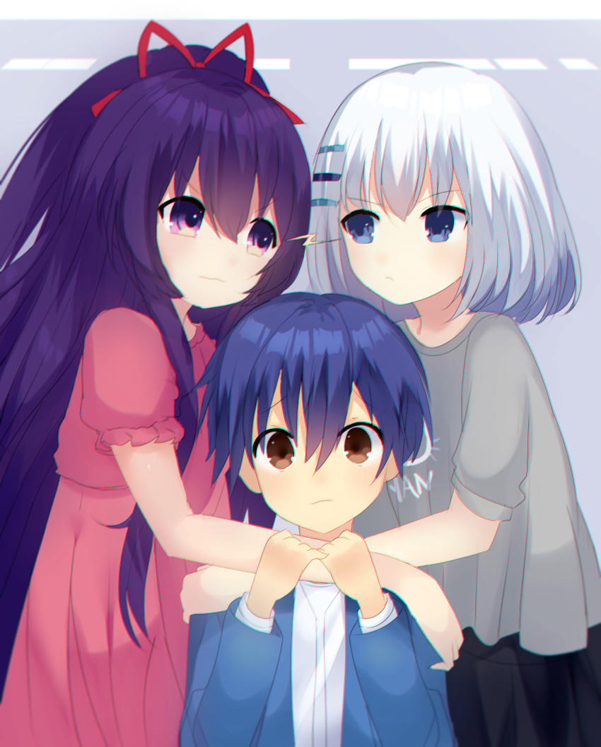 1boy 2girls angry blue_eyes brown_eyes closed_mouth commentary_request date_a_live dress eyebrows_visible_through_hair hair_between_eyes hair_ornament hair_ribbon hairclip highres holding_person itsuka_shidou long_hair looking_at_another looking_at_viewer multiple_girls oreocookie123 purple_hair red_dress red_ribbon ribbon road short_hair silver_hair tobiichi_origami very_long_hair violet_eyes yatogami_tooka younger