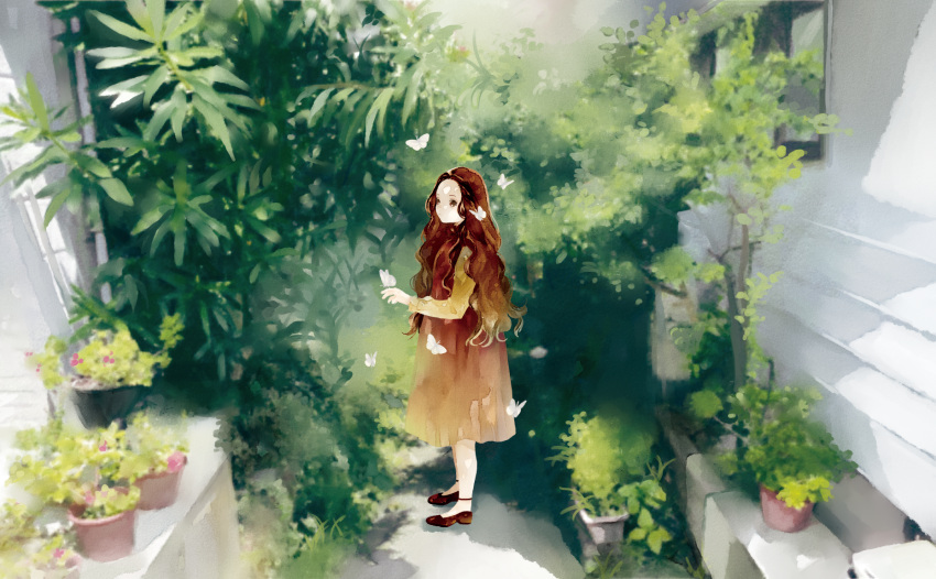1girl black_footwear brown_hair bug butterfly highres insect long_hair long_sleeves niwa_haruki original plant potted_plant shoes solo wide_shot