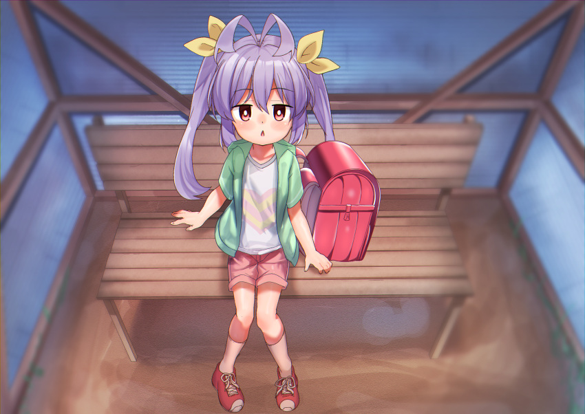 1girl angie_(glasseskko-geki-love-1008) antenna_hair backpack backpack_removed bag bench bus_stop child from_above full_body green_jacket highres hood jacket kneehighs long_hair looking_at_viewer looking_up miyauchi_renge non_non_biyori open_mouth outdoors pink_shorts pov print_shirt purple_hair randoseru red_eyes red_footwear ribbon shirt shoes short_shorts short_sleeves shorts sitting solo student twintails white_legwear white_shirt