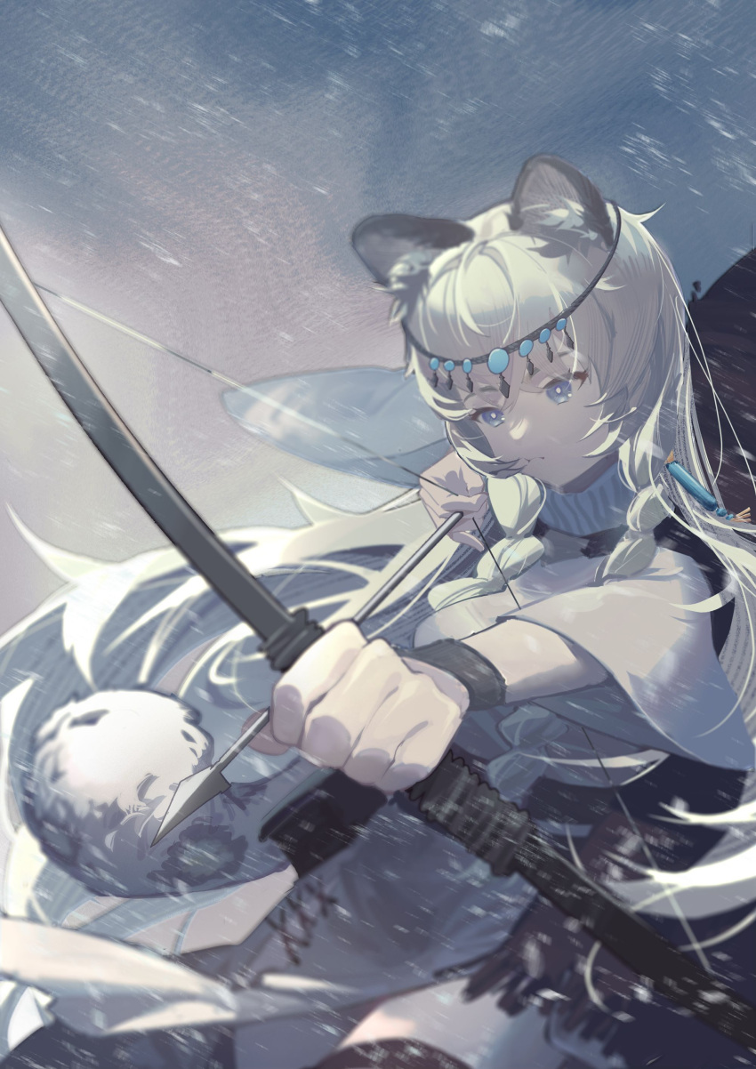 1girl absurdres aiming animal_ear_fluff animal_ears arknights arrow_(projectile) bangs belt belt_pouch black_legwear blue_eyes bow_(weapon) braid breasts bright_pupils circlet closed_mouth dress forest highres leopard_ears leopard_tail long_hair luhuajia medium_breasts nature outstretched_arms pouch pramanix_(arknights) short_sleeves silver_hair snowing solo tail thigh-highs turtleneck_dress twin_braids very_long_hair weapon white_dress winter wristband