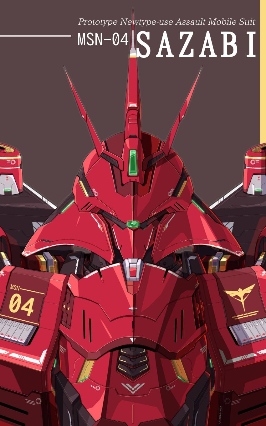 absurdres azzalea char's_counterattack character_name close-up english_commentary english_text green_eyes gundam highres looking_at_viewer mecha no_humans one-eyed sazabi solo upper_body zeon