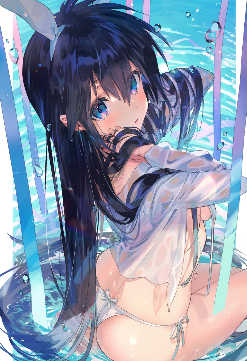 1girl ass black_hair blue_eyes breasts bubble commentary_request from_behind genderswap genderswap_(mtf) hair_between_eyes hair_ribbon highres houshin_engi long_hair looking_at_viewer mimoza_(96mimo414) no_pants panties parted_lips reflection ribbon see-through shirt side-tie_panties sitting small_breasts solo taikoubou underwear very_long_hair water wet wet_clothes white_panties white_shirt