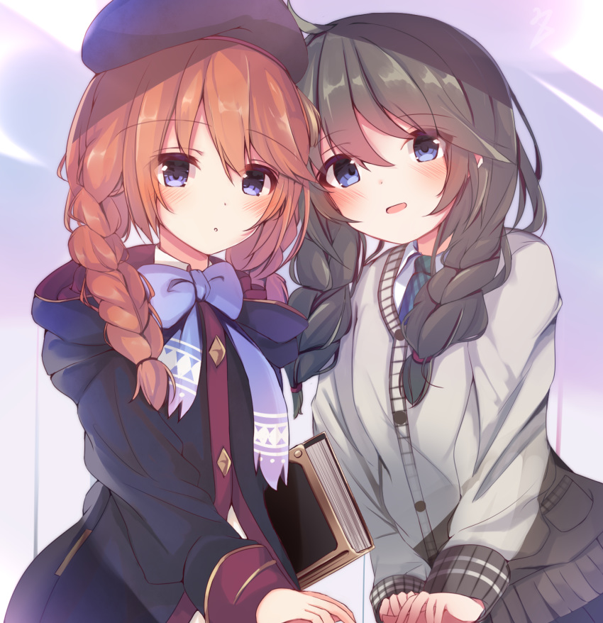 2girls :o ahoge bangs beret black_coat blue_bow blue_neckwear blush book bow braid brown_hair cardigan coat collared_shirt diagonal-striped_neckwear diagonal_stripes eyebrows_visible_through_hair grey_cardigan hair_between_eyes hair_over_shoulder hat highres hood hood_down hooded_coat long_hair long_sleeves looking_at_viewer low_twintails misukon multiple_girls necktie parted_lips princess_connect! princess_connect!_re:dive purple_headwear shirt sleeves_past_wrists smile striped striped_neckwear twin_braids twintails violet_eyes white_shirt yuni_(princess_connect!)