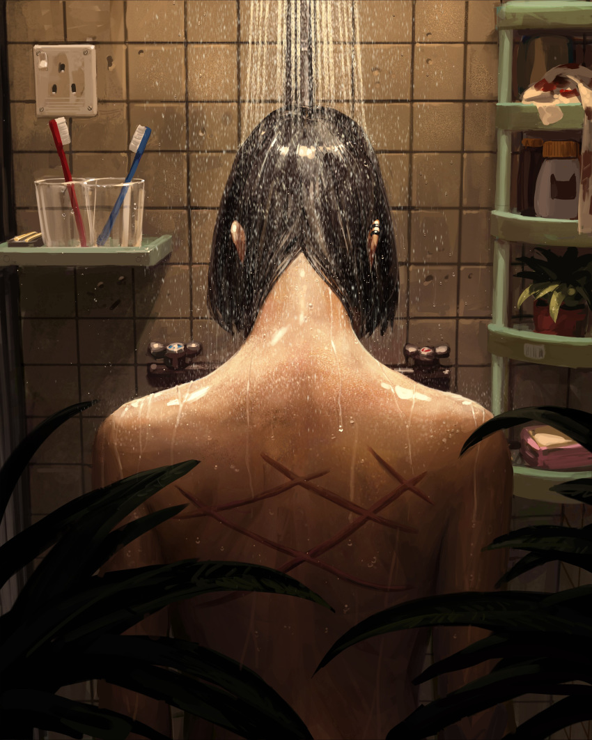 1girl absurdres back black_hair cup drinking_glass electric_socket facing_away guweiz highres indoors nude original plant potted_plant scarf shower_(place) showering solo standing tile_wall tiles toothbrush upper_body water wet wet_hair