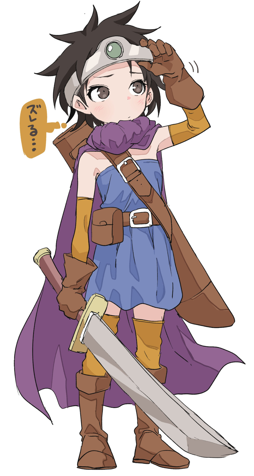 1girl absurdres arm_up belt belt_buckle black_hair blue_dress boots brown_belt brown_eyes brown_footwear brown_gloves brown_legwear buckle circlet closed_mouth commentary dragon_quest dragon_quest_iii dress full_body gloves highres holding holding_sword holding_weapon roto simple_background solo standing strapless strapless_dress sword thigh-highs thighhighs_under_boots translated weapon white_background yamamoto_souichirou