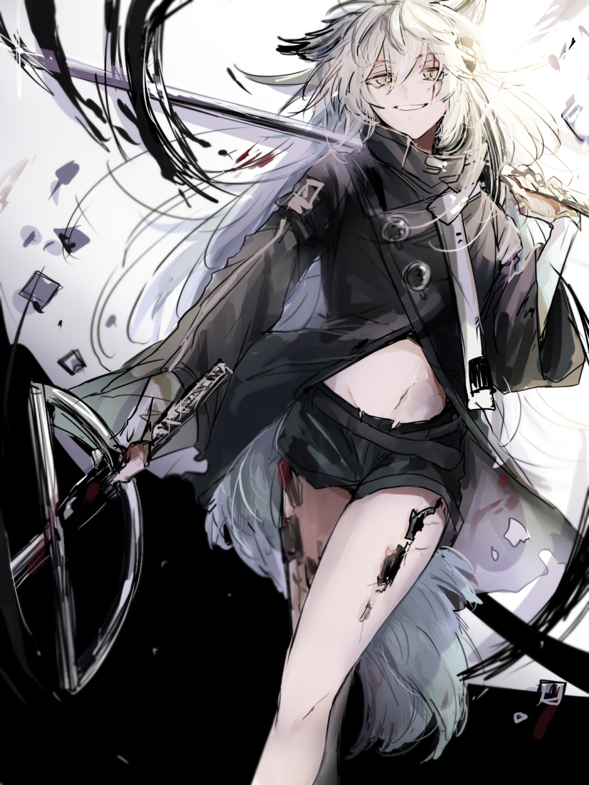 1girl akebisousaku animal_ears arknights bare_legs black_background black_coat black_shorts coat commentary cowboy_shot dual_wielding eyebrows_visible_through_hair grin hair_between_eyes hair_ornament hairclip highres holding lappland_(arknights) long_hair looking_at_viewer midriff navel ore_lesion_(arknights) over_shoulder short_shorts shorts silver_hair simple_background smile solo sword tail thighs weapon weapon_over_shoulder white_background wolf_ears wolf_tail yellow_eyes