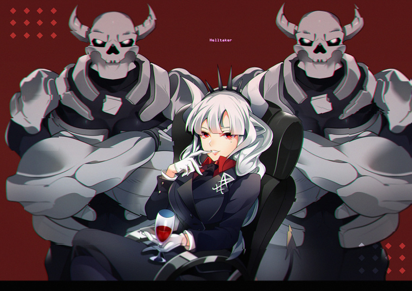 1girl alcohol armchair bangs black_tail blush breasts business_suit chair crown cup demon_girl demon_horns demon_tail drinking_glass formal fromchawen gloves helltaker horns large_breasts long_hair looking_at_viewer lucifer_(helltaker) mole mole_under_eye necktie neckwear red_background red_eyes red_shirt shirt sitting skeleton_(helltaker) smile suit tail white_gloves white_hair white_horns wine wine_glass