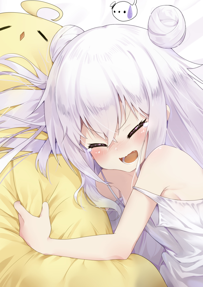 1girl absurdres azur_lane bare_shoulders blush camisole chinese_commentary closed_eyes commentary_request crying double_bun fang grabbing hair_bun highres le_malin_(azur_lane) long_hair manjuu_(azur_lane) off_shoulder open_mouth pg_(pege544) shouting silver_hair solo stuffed_toy tears upper_body very_long_hair white_camisole