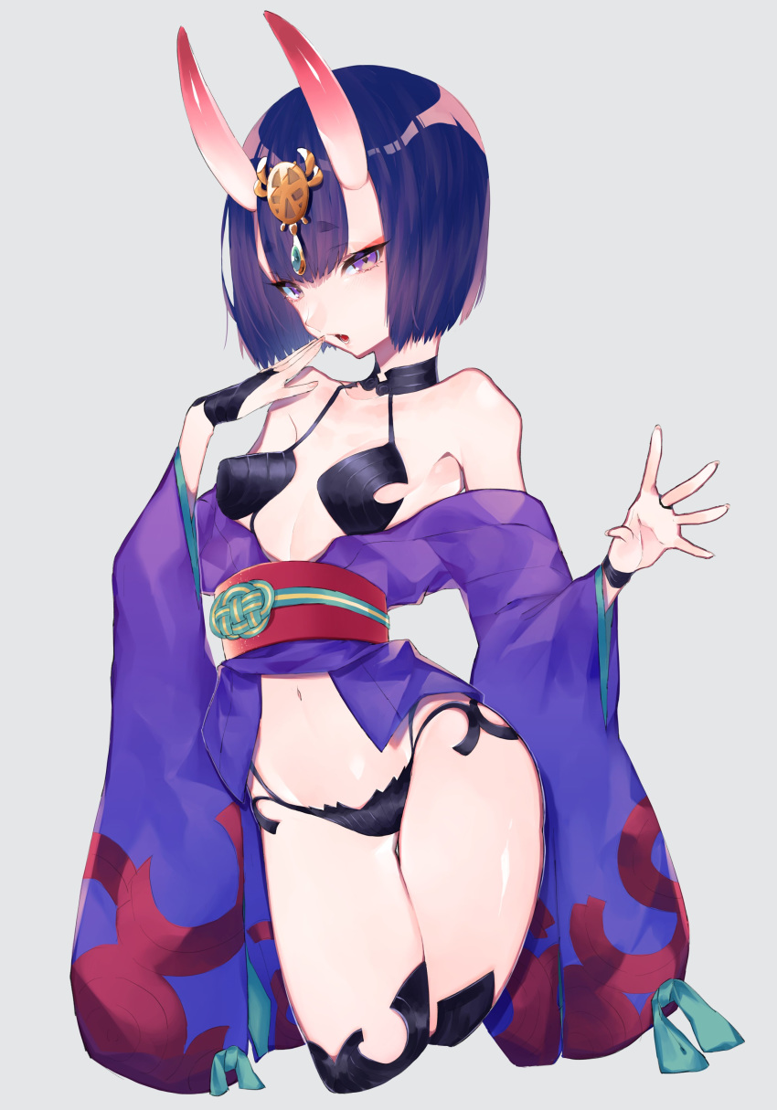 1girl absurdres bangs bikini black_bikini blunt_bangs blunt_ends bob_cut boots breasts cowboy_shot cropped_legs fate/grand_order fate_(series) grey_background hair_ornament half-closed_eyes highres horns japanese_clothes kimono long_sleeves looking_at_viewer navel obi off_shoulder oni oni_horns purple_hair purple_kimono re_(scd6) sash short_hair shuten_douji_(fate/grand_order) simple_background skin-covered_horns small_breasts solo standing swimsuit thigh-highs thigh_boots violet_eyes wide_sleeves