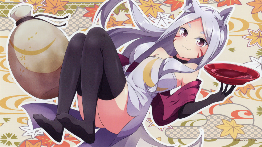 1girl absurdres animal_ear_fluff animal_ears bare_shoulders black_choker black_gloves black_legwear choker crescent_print cup dress elbow_gloves end_card facial_mark fox_ears fox_girl fox_tail gloves highres knees_up leaf long_hair official_art red_eyes sakazuki sewayaki_kitsune_no_senko-san shiro_(sewayaki_kitsune_no_senko-san) short_eyebrows side_slit silver_hair smile solo strapless strapless_dress tail thick_eyebrows thigh-highs tube_dress ukami violet_eyes whisker_markings white_dress