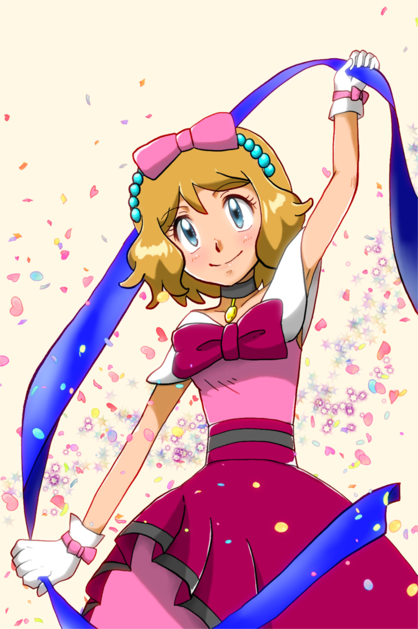 1girl arm_up armpits bangs blue_eyes blue_ribbon blush bow brown_hair choker closed_mouth commentary_request confetti eyebrows_visible_through_hair eyelashes gloves highres holding holding_ribbon pink_bow pokemon pokemon_(anime) pokemon_xy_(anime) ribbon serena_(pokemon) shiny shiny_hair short_sleeves smile solo tomo. white_gloves