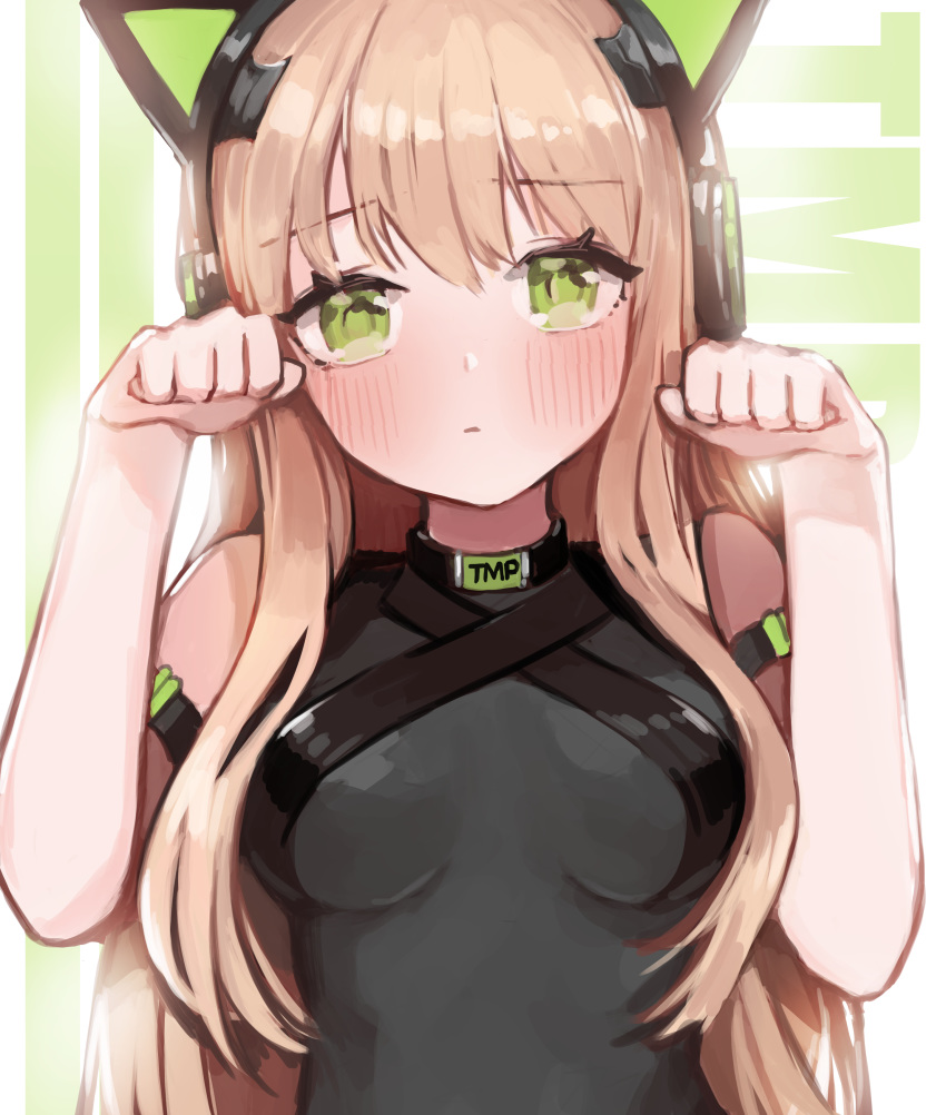 1girl absurdres black_bodysuit blonde_hair blush bodysuit breasts character_name choker english_text girls_frontline green_eyes hands_up headphones highres long_hair looking_at_viewer seorang simple_background small_breasts solo strap tmp_(girls_frontline)