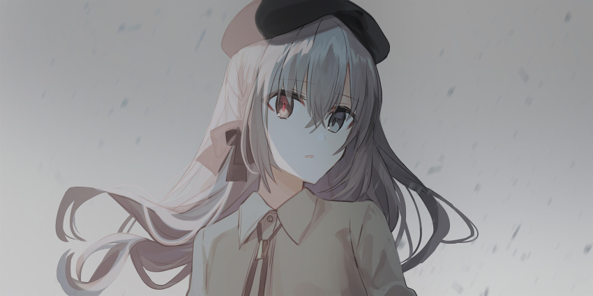 1girl beret black_headwear black_neckwear blue_eyes chihuri collared_shirt dress_shirt eve_(chihuri) eyebrows_visible_through_hair floating_hair grey_background hair_between_eyes hair_ribbon hat heterochromia highres looking_at_viewer looking_to_the_side neck_ribbon parted_lips red_eyes red_pupils ribbon shirt silver_hair snowing solo upper_body white_shirt wing_collar