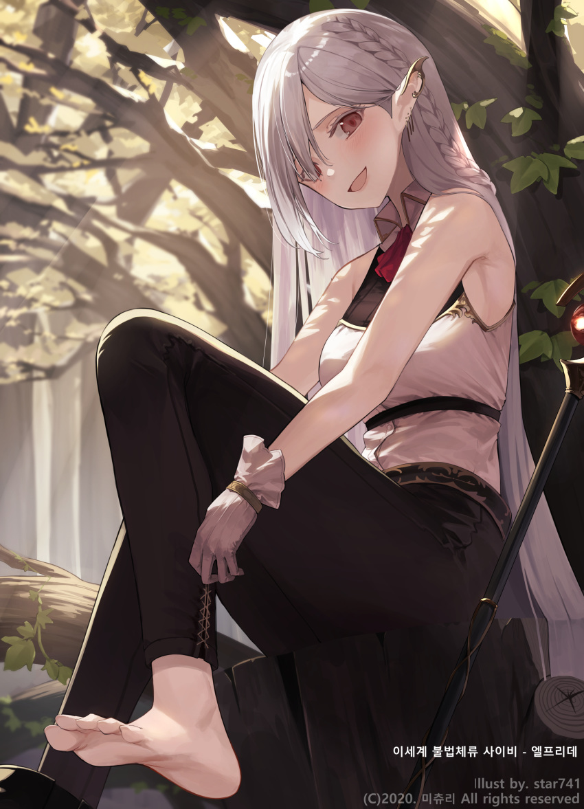 1girl :d absurdres artist_name ascot bare_arms bare_shoulders barefoot black_pants blush braid breasts commentary_request copyright_request day ear_piercing elf feet gloves hair_over_one_eye highres ivy korean_commentary korean_text long_hair looking_at_viewer medium_breasts official_art open_mouth outdoors pants piercing pointy_ears red_eyes red_neckwear shirt side_braid silver_hair sitting sleeveless sleeveless_shirt smile solo staff star741 straight_hair sunlight translation_request tree tree_stump very_long_hair white_gloves white_shirt