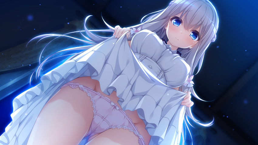 1girl blue_eyes ceiling dress eyebrows_visible_through_hair flower from_below game_cg hair_flower hair_ornament highres indoors kimihara_yua lifted_by_self long_hair looking_at_viewer lowleg lowleg_panties mikagami_mamizu night official_art panties pieces_/_wataridori_no_somnium pink_panties skirt skirt_lift solo underwear white_dress white_hair