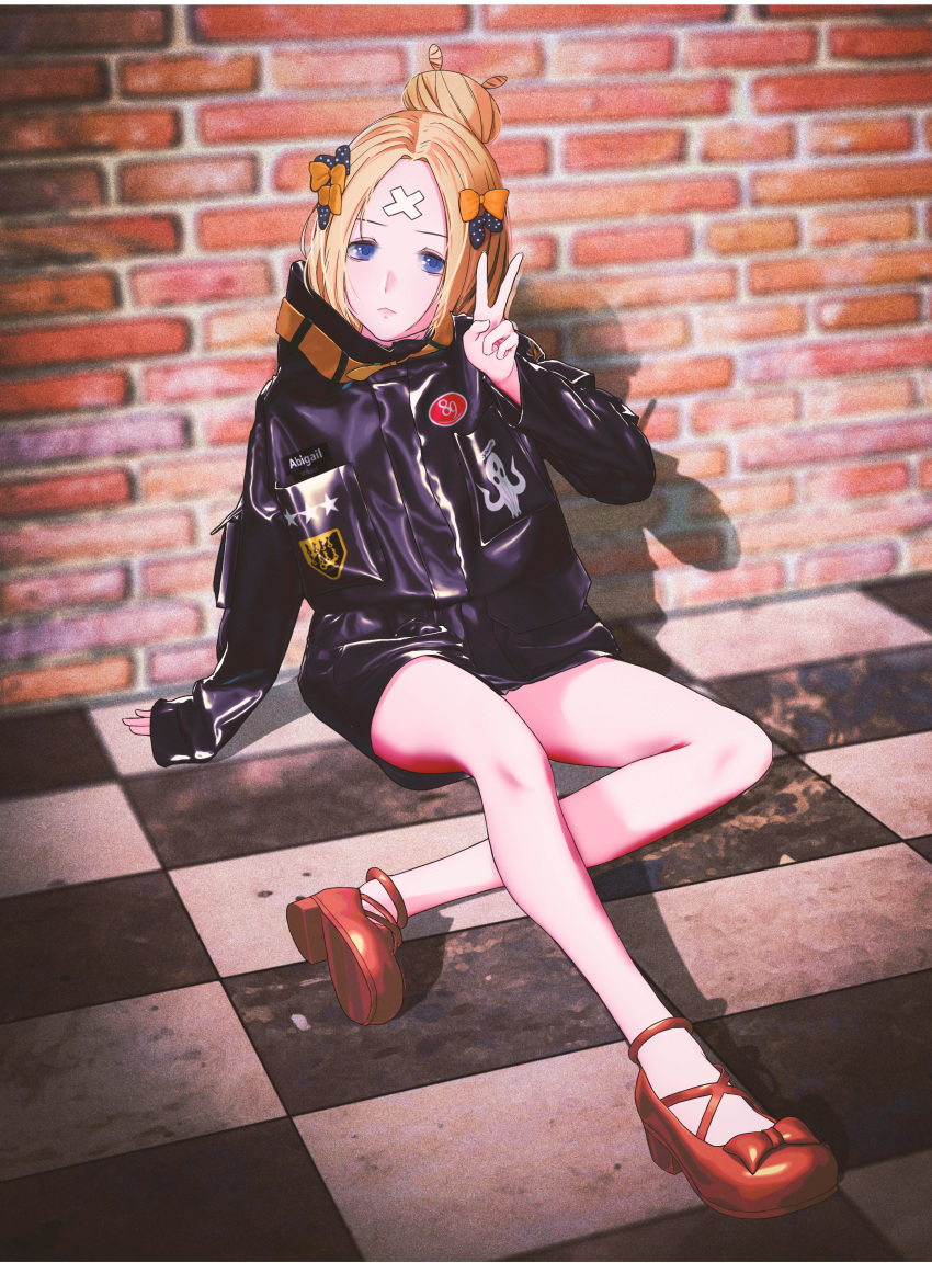 1girl abigail_williams_(fate/grand_order) absurdres artist_request bandaid bandaid_on_forehead bangs black_bow black_jacket blonde_hair blue_eyes bow breasts brick_wall checkered checkered_floor closed_mouth crossed_bandaids fate/grand_order fate_(series) forehead hair_bow hair_bun heroic_spirit_traveling_outfit high_collar highres huge_filesize jacket legs long_hair long_sleeves multiple_bows orange_belt orange_bow parted_bangs polka_dot polka_dot_bow red_footwear sitting sleeves_past_wrists small_breasts v