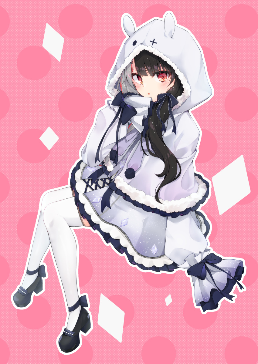 1girl absurdres animal_ears animal_hood black_footwear black_hair blue_bow bow capelet commentary_request dress fake_animal_ears full_body fur-trimmed_capelet fur-trimmed_hood fur_trim grey_capelet grey_dress grey_hair hair_bow high_heels highres hijouguti hood hood_up hooded_capelet long_hair long_sleeves low_twintails multicolored_hair nijisanji outline pink_background puffy_long_sleeves puffy_sleeves shoes sleeves_past_fingers sleeves_past_wrists solo thigh-highs twintails two-tone_hair virtual_youtuber white_legwear white_outline yorumi_rena