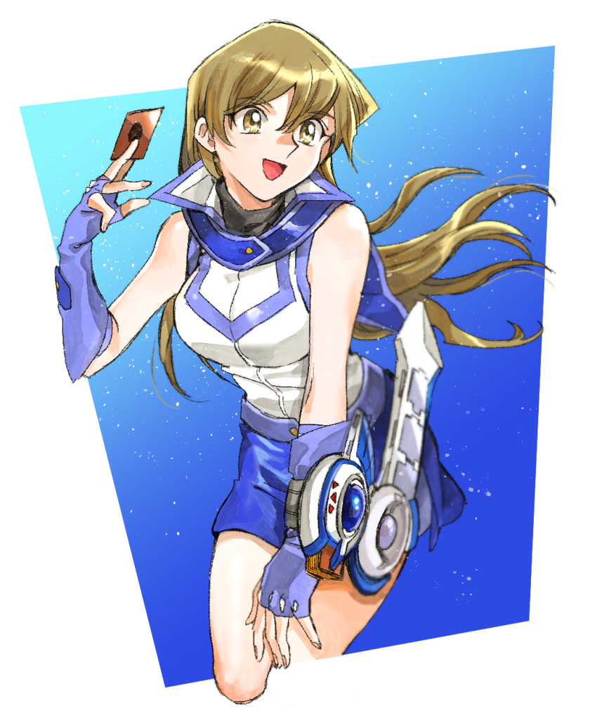 1girl 203wolves :d bangs blue_background blue_gloves blue_sailor_collar blue_skirt breasts brown_eyes card cropped_legs duel_disk eyebrows_visible_through_hair fingerless_gloves floating_hair gloves graphite_(medium) hair_between_eyes highres holding holding_card jacket light_brown_hair long_hair medium_breasts miniskirt nail_polish open_mouth pencil_skirt pink_nails sailor_collar shiny shiny_hair skirt sleeveless sleeveless_jacket smile solo straight_hair tenjouin_asuka traditional_media very_long_hair white_background white_jacket yuu-gi-ou yuu-gi-ou_gx