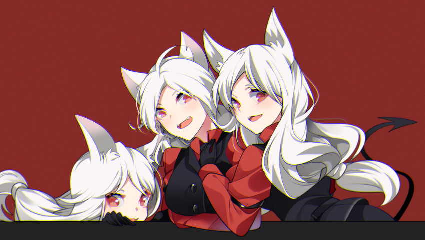 3girls animal_ears arm_garter black_gloves black_tail black_vest breasts cerberus_(helltaker) demon_girl demon_tail dog_ears dog_girl fang fromchawen gloves helltaker large_breasts long_hair looking_at_viewer multiple_girls necktie open_mouth red_background red_eyes red_shirt shirt smile tail triplets vest waistcoat white_hair