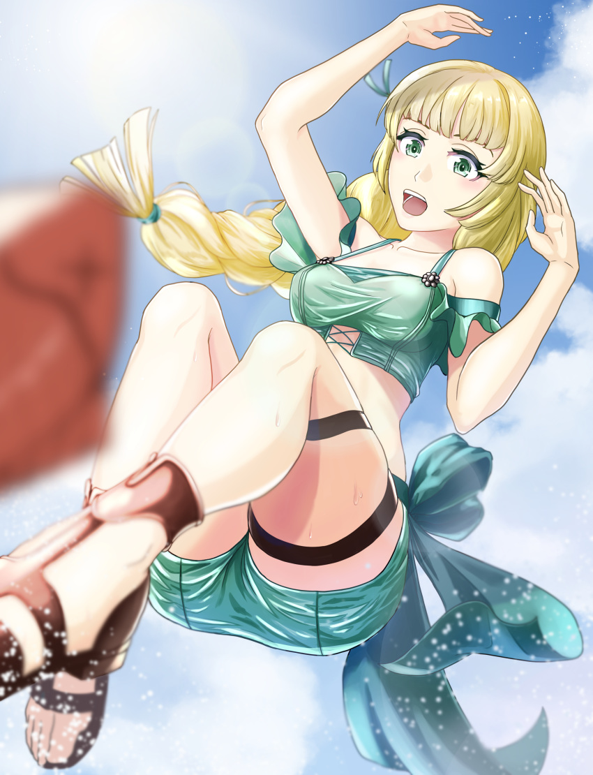 1girl absurdres blonde_hair blue_sky clouds fire_emblem fire_emblem:_three_houses fire_emblem:_three_houses fire_emblem_16 fire_emblem_heroes fish green_eyes gzo1206 highres ingrid_brandl_galatea intelligent_systems long_hair nintendo open_mouth sky solo swimsuit thigh_strap