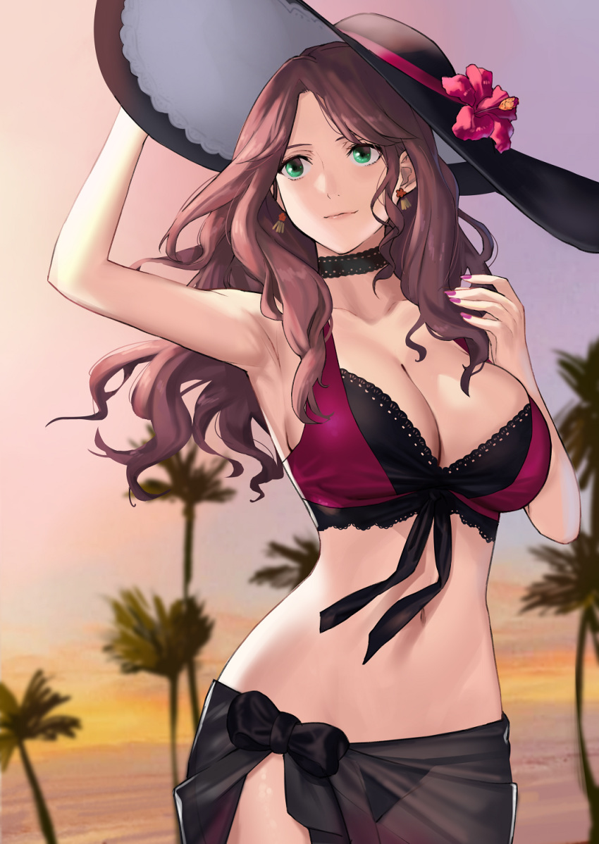 1girl bikini blurry blurry_background breasts brown_hair cute dorothea_arnault fire_emblem fire_emblem:_three_houses fire_emblem:_three_houses fire_emblem_16 fire_emblem_heroes flower green_eyes hat hat_flower highres intelligent_systems j@ck large_breasts long_hair navel nintendo palm_tree sarong smile solo stomach sun_hat super_smash_bros. swimsuit tree