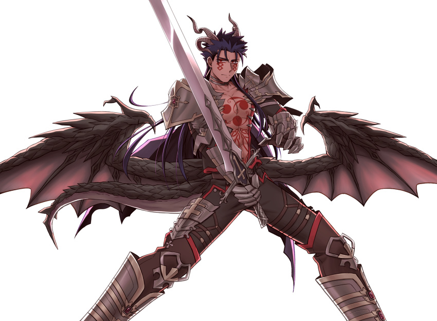 1boy axtame balmung_(fate/apocrypha) bare_chest black_pants blue_hair chest_tattoo closed_mouth cosplay cu_chulainn_(fate)_(all) cu_chulainn_alter_(fate/grand_order) dragon_tail dragon_wings expressionless facepaint facial_mark fate/apocrypha fate/grand_order fate_(series) gloves greaves hair_strand highres holding holding_sword holding_weapon horns jitome legs_apart long_hair looking_at_viewer male_focus pants pauldrons red_eyes shoulder_armor siegfried_(fate) siegfried_(fate)_(cosplay) simple_background solo standing sword tail tattoo weapon white_background wings