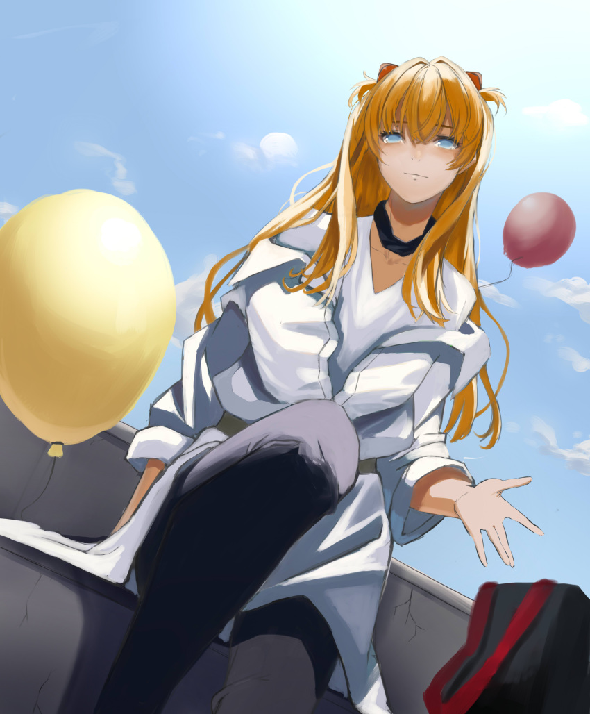 1girl absurdres arm_support bag balloon black_legwear blonde_hair bloom blue_eyes blue_sky closed_mouth day dutch_angle from_below hanamizu hand_up highres jacket labcoat long_hair looking_at_viewer neon_genesis_evangelion off_shoulder outdoors red_hair shirt sitting sky smile solo souryuu_asuka_langley v-neck white_shirt