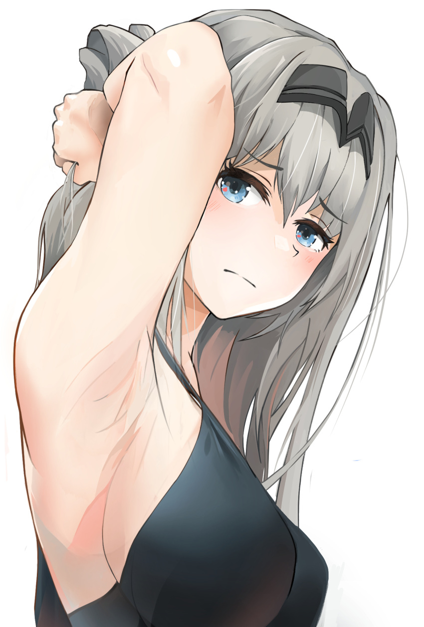 1girl an-94_(girls_frontline) armpits black_dress blue_eyes blush braid breasts dress girls_frontline grey_hair hair_ornament hairband hand_in_hair highres long_hair looking_at_viewer medium_breasts profile solo umber00 white_background