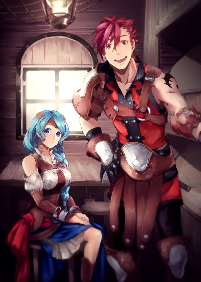 absurdres blue_eyes blue_hair bracelet braid braided_ponytail closed_mouth hands highres jewelry l'arc_berg_sickle looking_at_viewer open_mouth red_eyes redhead sitting standing tate_no_yuusha_no_nariagari tattoo therese_alexanderite window xarlasar