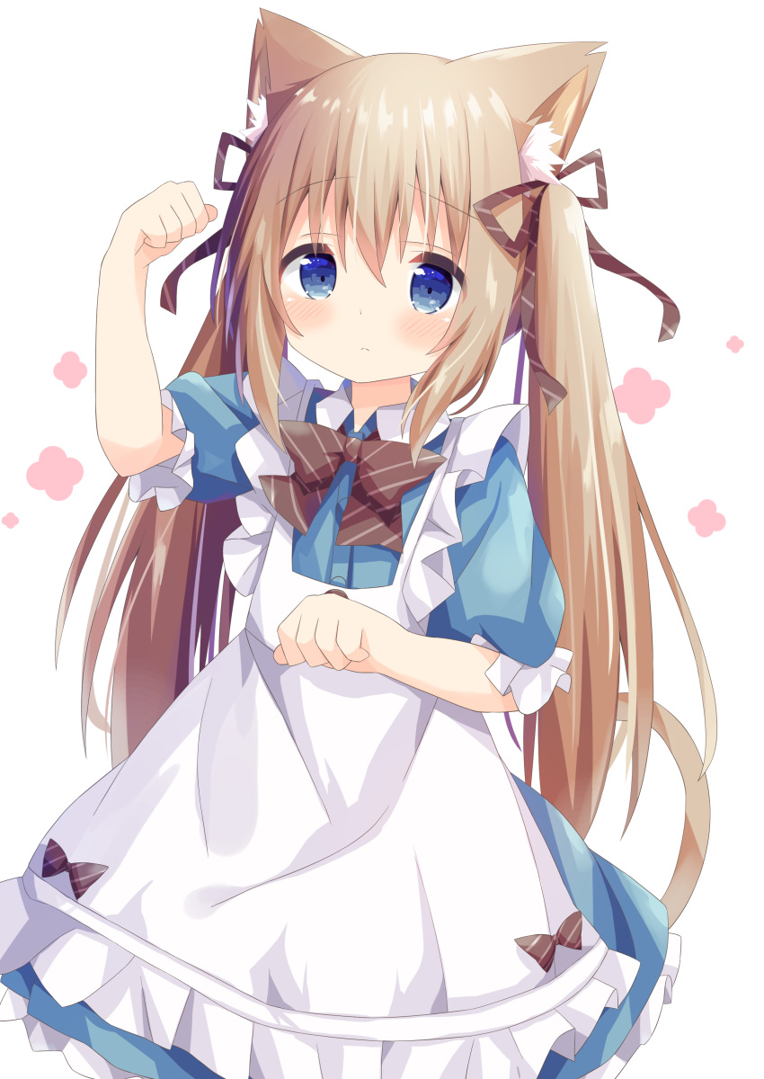 1girl absurdres animal_ears apron arm_up bangs blue_dress blue_eyes blush bow brown_bow brown_ribbon cat_ears cat_girl cat_tail closed_mouth collared_dress commentary_request diagonal_stripes dress eyebrows_visible_through_hair frilled_apron frilled_dress frills hair_between_eyes hair_ribbon hand_up highres light_brown_hair long_hair maid_apron nakkar original puffy_short_sleeves puffy_sleeves ribbon short_sleeves sidelocks simple_background solo striped striped_bow striped_ribbon tail twintails very_long_hair white_apron white_background