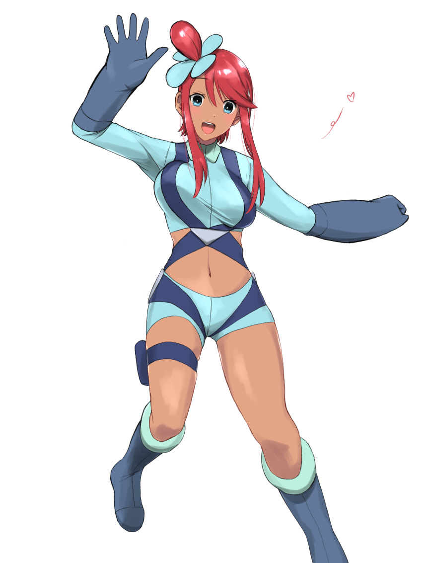 1girl :d arm_up bangs belt blue_belt blue_eyes blue_footwear blue_gloves blue_jacket blue_shorts blush boots bouncing_breasts breasts clenched_hand commentary_request crop_top eyebrows_visible_through_hair full_body fuuro_(pokemon) gloves gym_leader hair_between_eyes hair_ornament heart highres holster jacket knee_boots large_breasts long_hair looking_at_viewer midriff navel nishikino_kee open_hand open_mouth pilot_suit pokemon pokemon_(game) pokemon_bw redhead short_shorts shorts sidelocks simple_background smile solo standing standing_on_one_leg swept_bangs tan taut_clothes thigh_holster upper_teeth white_background