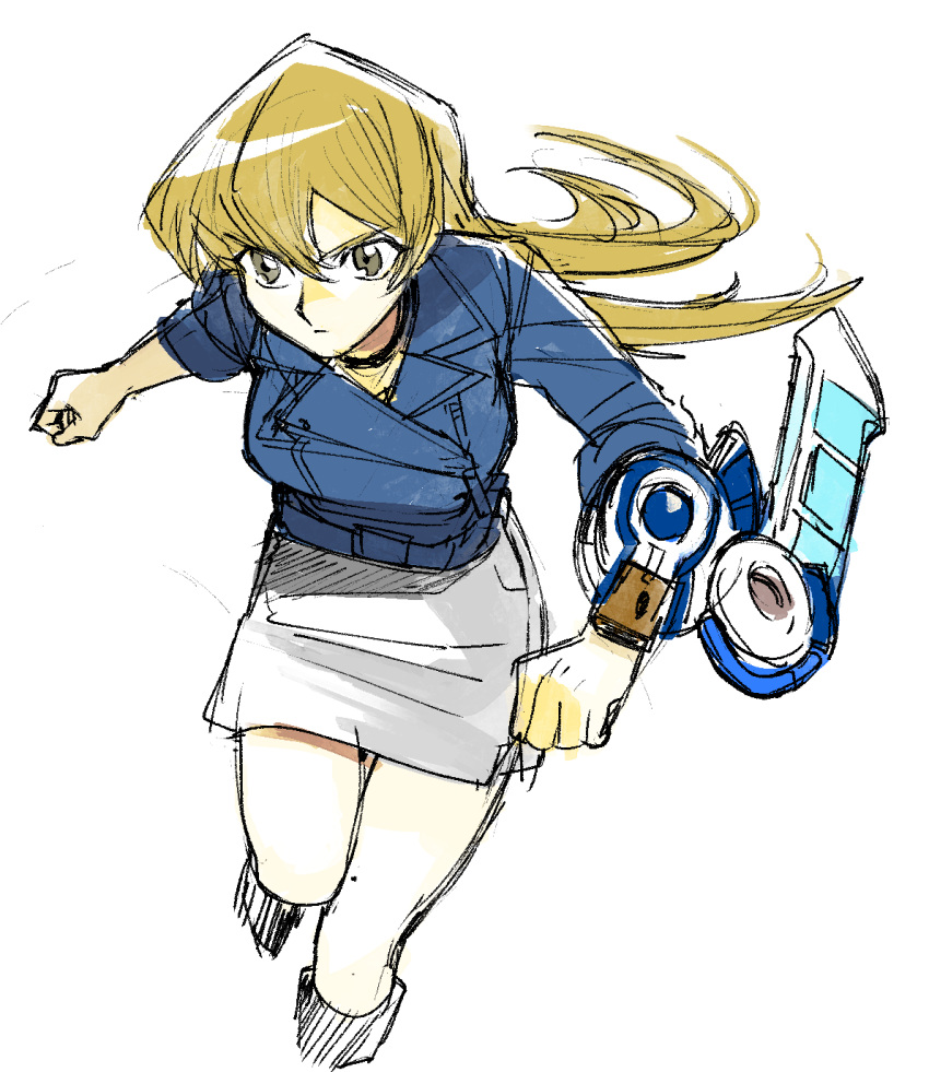 1girl 203wolves alternate_costume bangs blonde_hair blue_jacket brown_eyes duel_disk floating_hair graphite_(medium) hair_between_eyes highres jacket long_hair long_sleeves miniskirt pencil_skirt running shiny shiny_hair simple_background sketch skirt solo tenjouin_asuka traditional_media very_long_hair white_background white_skirt yuu-gi-ou yuu-gi-ou_gx