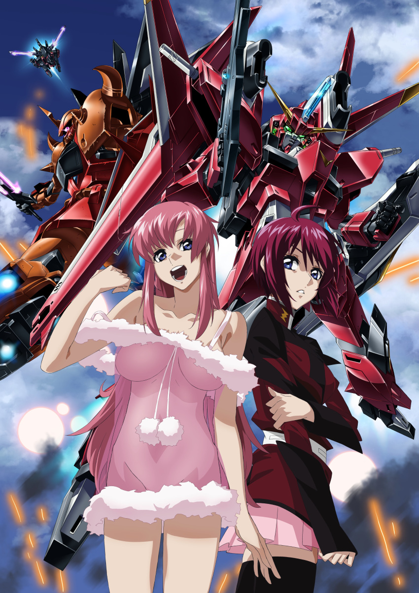 2girls absurdres ahoge babydoll blue_eyes breasts clenched_hands flying gaia_gundam glowing glowing_eyes gouf_ignited green_eyes gundam gundam_seed gundam_seed_destiny highres holding holding_shield holding_sword holding_weapon large_breasts long_hair looking_at_viewer looking_down lunamaria_hawke mecha mechanical_wings meer_campbell military military_uniform multiple_girls navel no_humans no_panties one-eyed open_mouth paintedmike parted_lips pink_hair pink_skirt redhead saviour_gundam see-through shield shiny shiny_hair short_hair skirt smile standing sword teeth uniform violet_eyes weapon wings